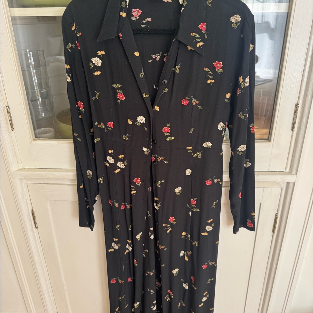 Vintage Eddie Bauer Black Long-Sleeve Floral Button-Front Dress
